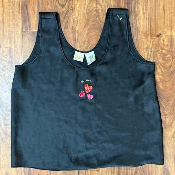 Vintage Black satin tank top Sophia by Delicates with embroidered hearts be mine - Picture 5 of 8